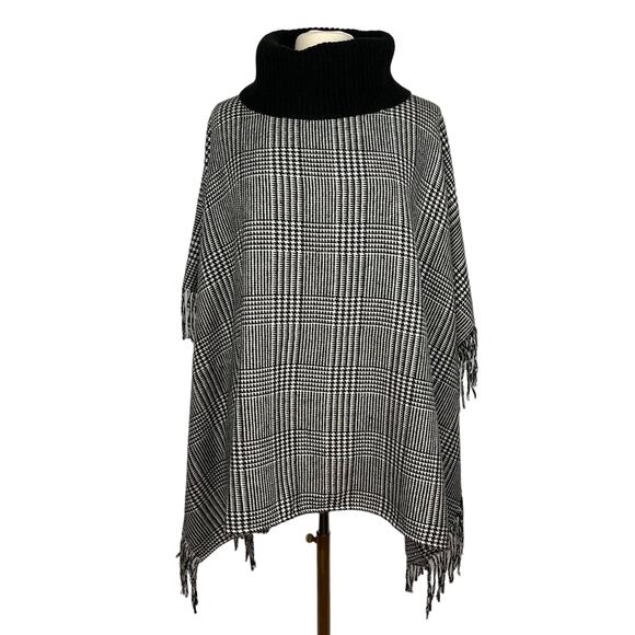 TALBOTS | Black & White Houndstooth Plaid Knit Turtleneck Poncho | Women's M/L - Picture 1 of 6